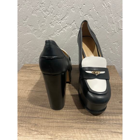Michael Kors Leather Platform Loafers Black White MK Logo Heels 8.5 - Picture 9 of 9